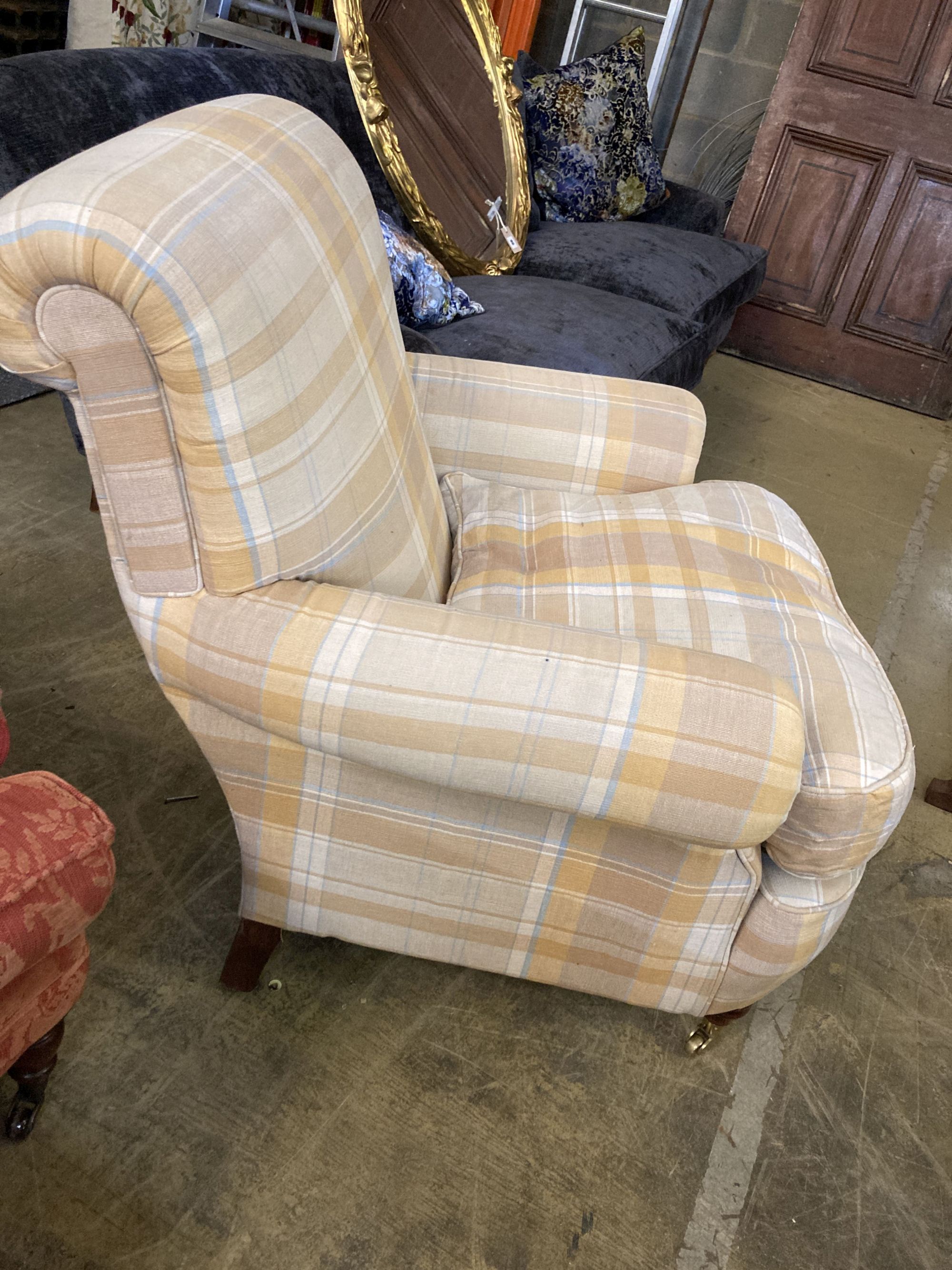 A modern Victorian style armchair, upholstered in cream ground chequered fabric, width 90cm, depth 84cm, height 90cm